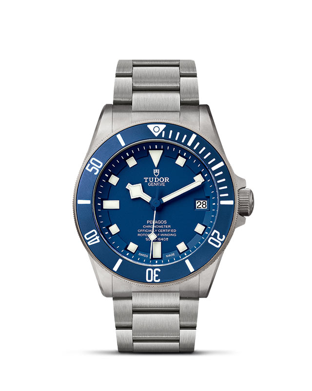 TUDOR PELAGOS presented upright against a white grid, focusing on its refined aesthetics.
