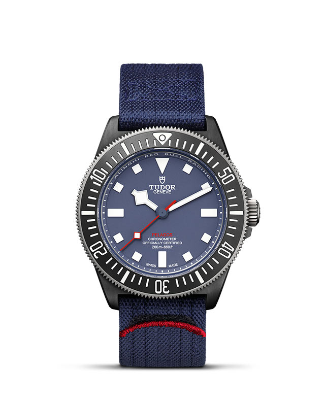 TUDOR PELAGOS FXD presented upright against a white grid, focusing on its refined aesthetics.