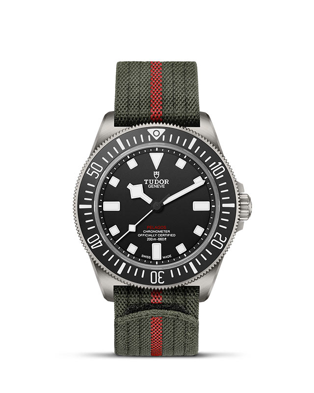 TUDOR PELAGOS FXD presented upright against a white grid, focusing on its refined aesthetics.