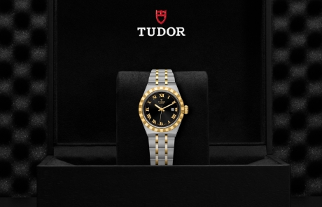 TUDOR TUDOR ROYAL nestled in its presentation box, symbolizing the watch's premium status.
