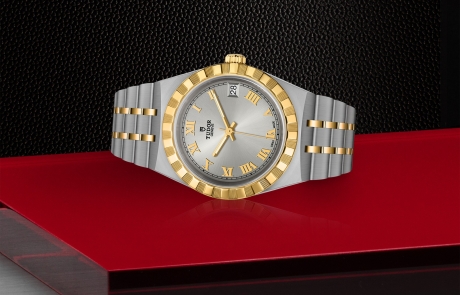 TUDOR TUDOR ROYAL laid down showcasing the silver, sunray-finish dial and overall elegance.