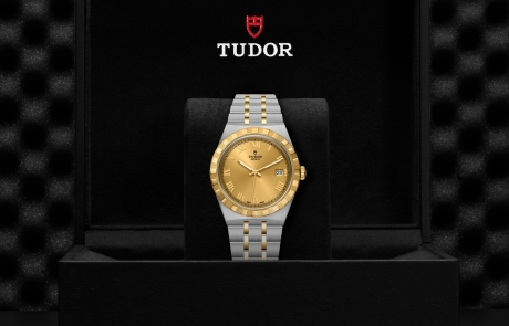 TUDOR TUDOR ROYAL nestled in its presentation box, symbolizing the watch's premium status.