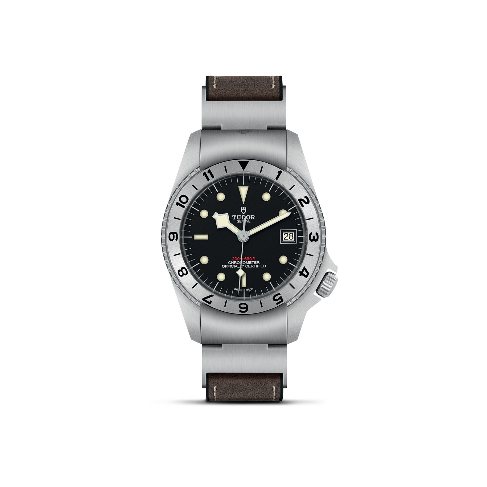TUDOR BLACK BAY P01 standing upright, highlighting its classic design against a white background.