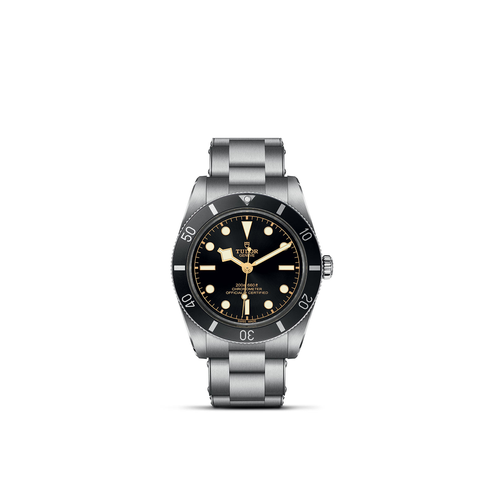 TUDOR BLACK BAY 54 standing upright, highlighting its classic design against a white background.