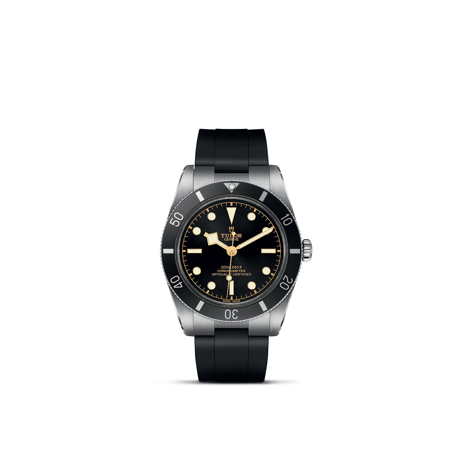 TUDOR BLACK BAY 54 standing upright, highlighting its classic design against a white background.