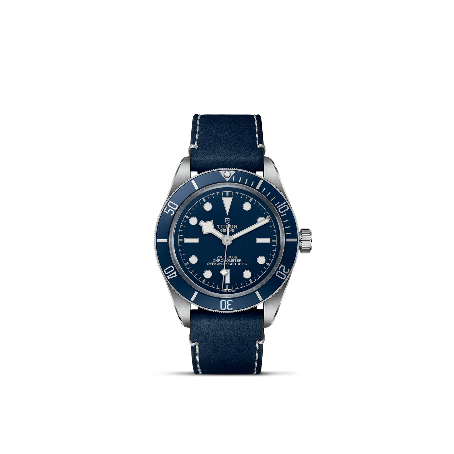 TUDOR BLACK BAY 58 standing upright, highlighting its classic design against a white background.