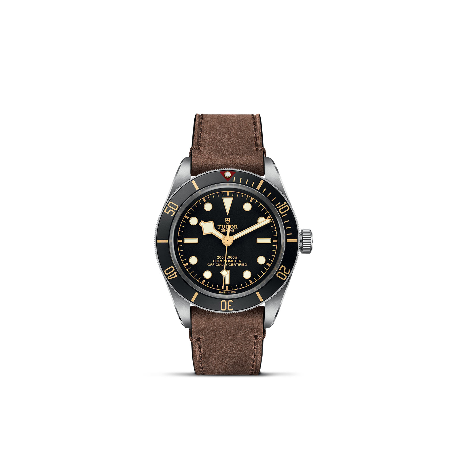 TUDOR BLACK BAY 58 standing upright, highlighting its classic design against a white background.