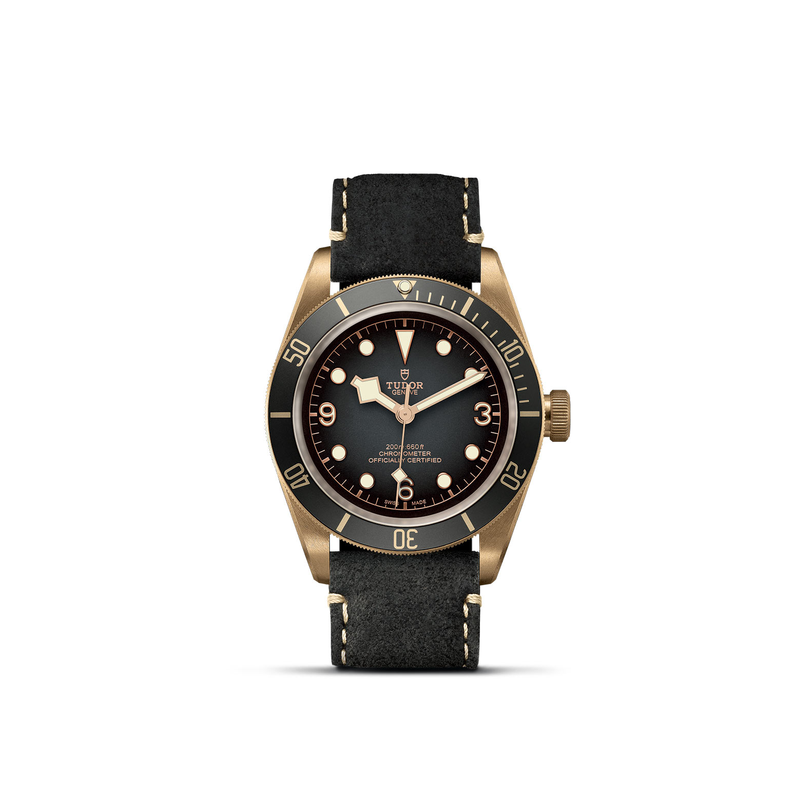 TUDOR BLACK BAY BRONZE standing upright, highlighting its classic design against a white background.