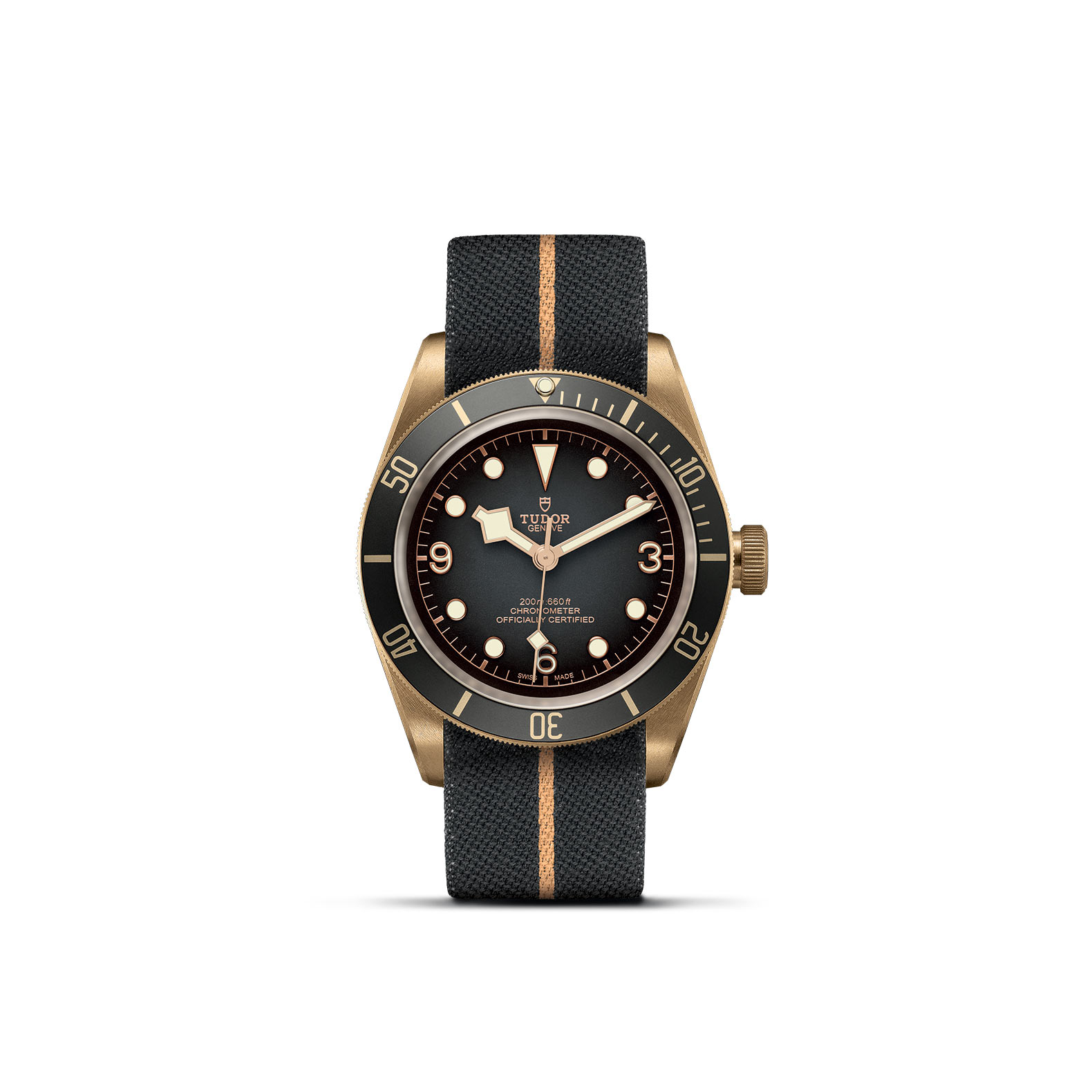 TUDOR BLACK BAY BRONZE standing upright, highlighting its classic design against a white background.