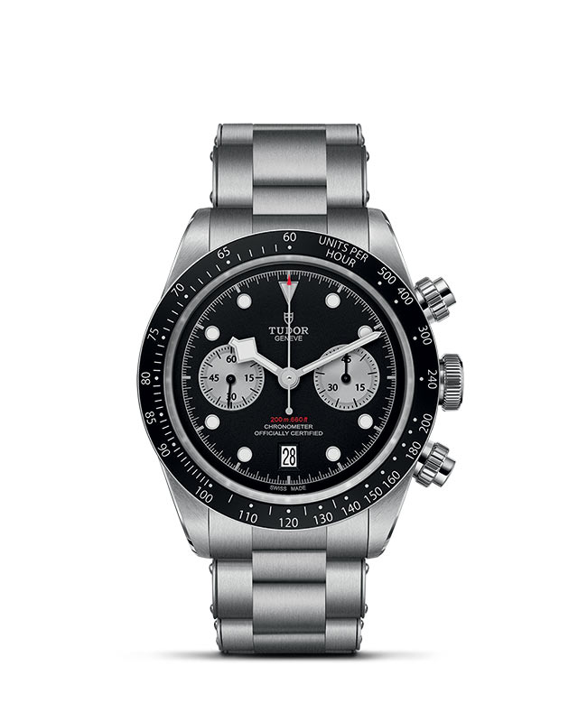 TUDOR BLACK BAY CHRONO presented upright against a white grid, focusing on its refined aesthetics.