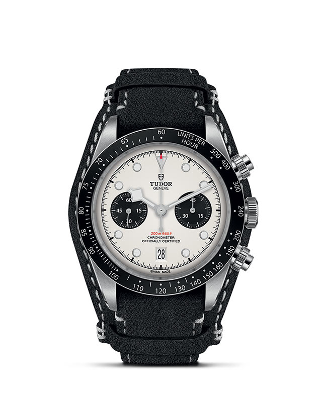 TUDOR BLACK BAY CHRONO presented upright against a white grid, focusing on its refined aesthetics.