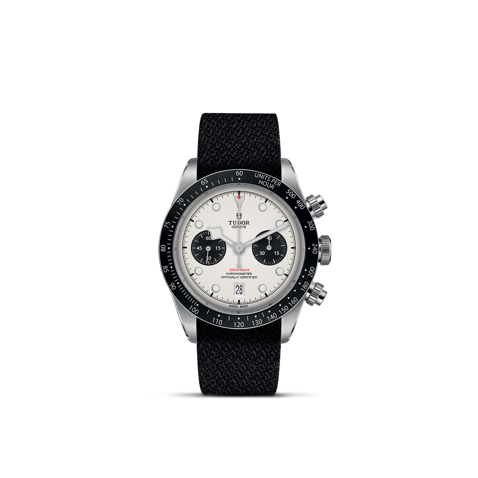 TUDOR BLACK BAY CHRONO standing upright, highlighting its classic design against a white background.