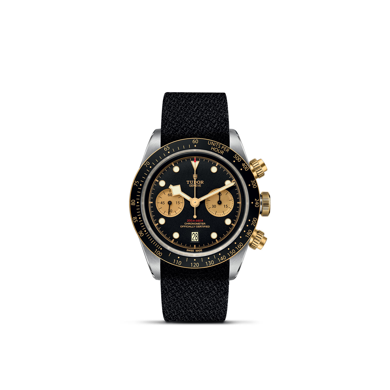 TUDOR BLACK BAY CHRONO standing upright, highlighting its classic design against a white background.