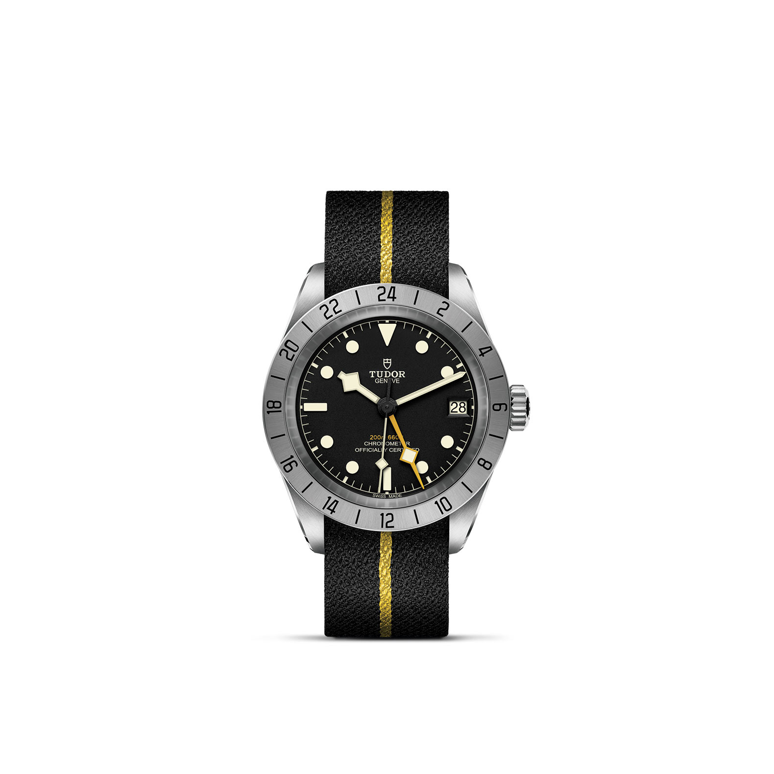 TUDOR BLACK BAY PRO standing upright, highlighting its classic design against a white background.