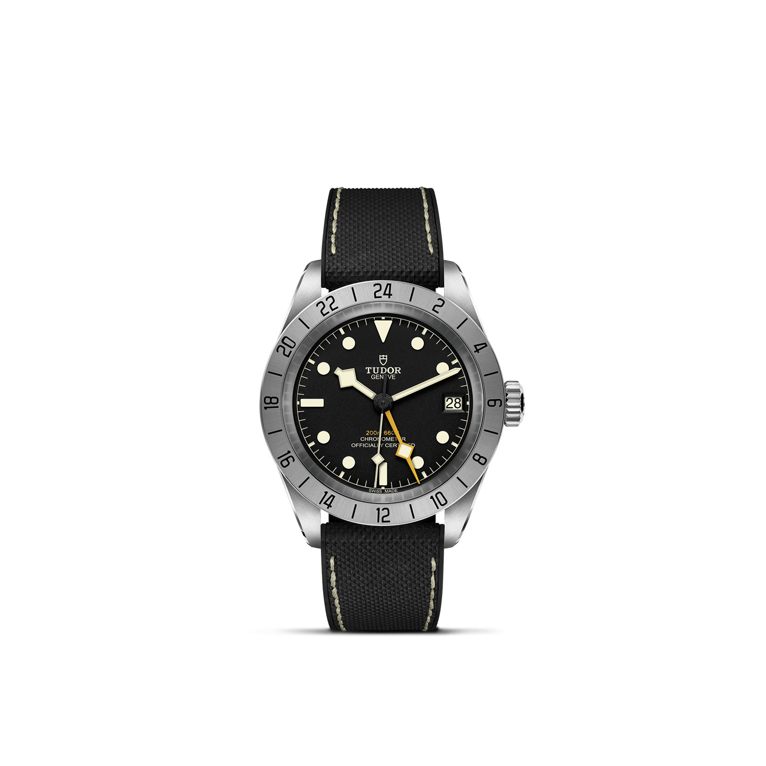 TUDOR BLACK BAY PRO standing upright, highlighting its classic design against a white background.