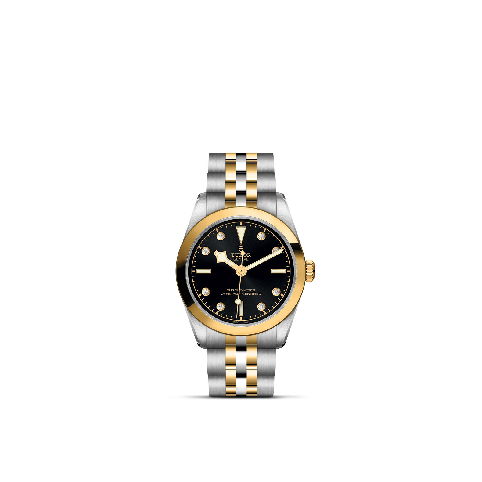 TUDOR BLACK BAY 31/36/39/41 standing upright, highlighting its classic design against a white background.