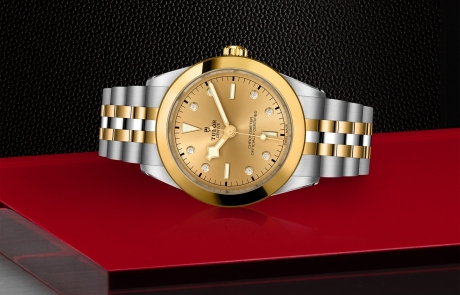 TUDOR BLACK BAY 31/36/39/41 laid down showcasing the champagne-colour with diamond hour markers dial and overall elegance.