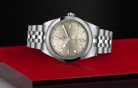 TUDOR BLACK BAY 31/36/39/41 laid down showcasing the light champagne-colour dial and overall elegance.