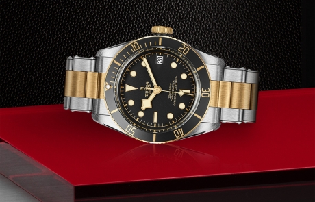 TUDOR BLACK BAY laid down showcasing the black, domed dial and overall elegance.