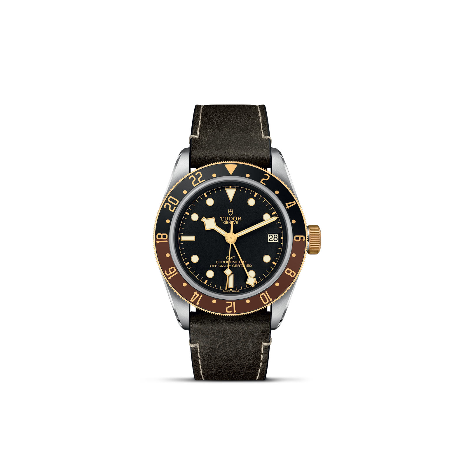 TUDOR BLACK BAY GMT standing upright, highlighting its classic design against a white background.