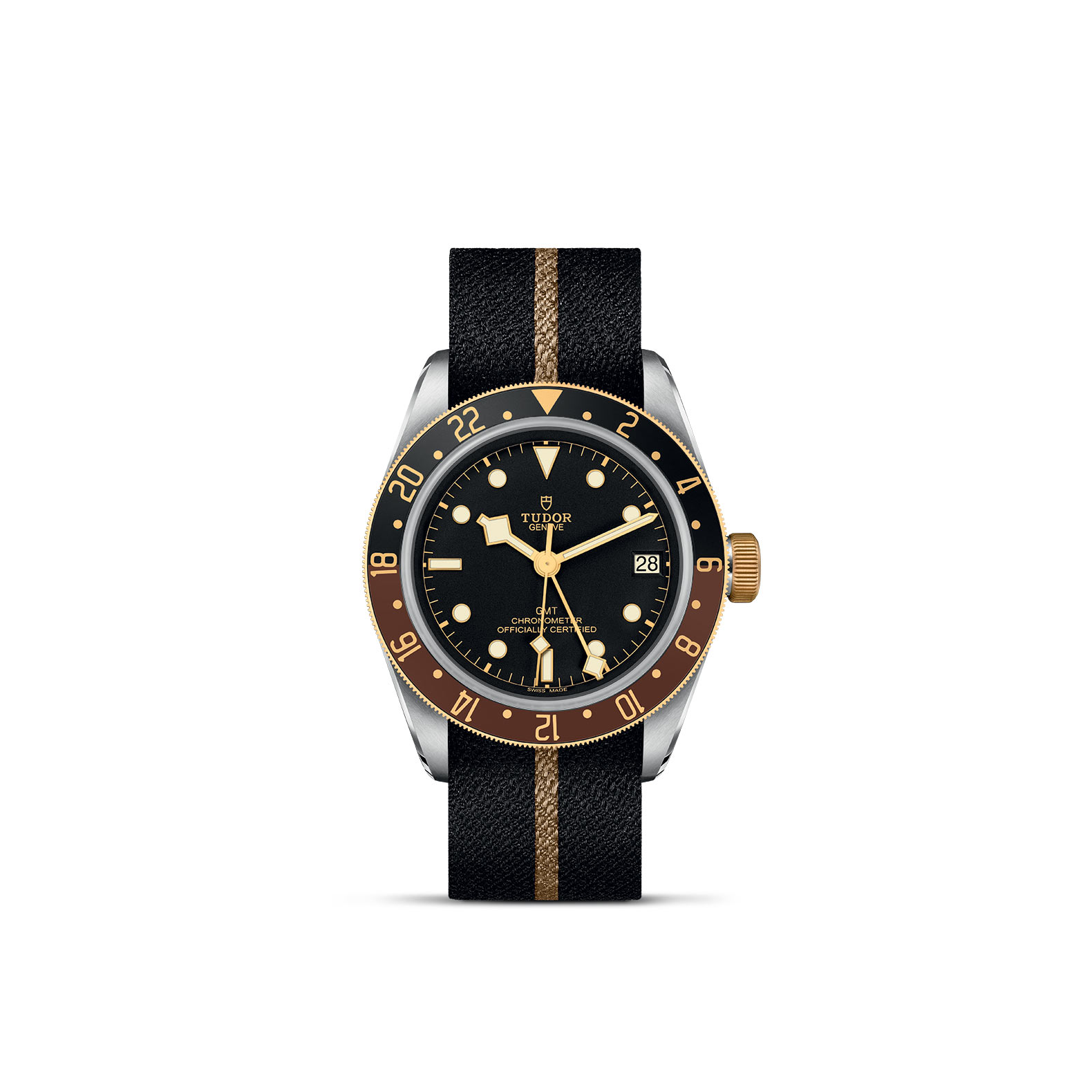 TUDOR BLACK BAY GMT standing upright, highlighting its classic design against a white background.