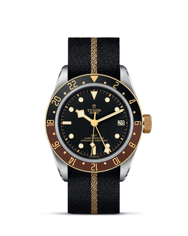 TUDOR BLACK BAY GMT presented upright against a white grid, focusing on its refined aesthetics.