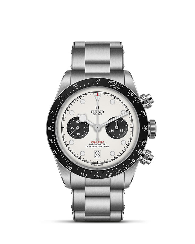 TUDOR BLACK BAY CHRONO presented upright against a white grid, focusing on its refined aesthetics.