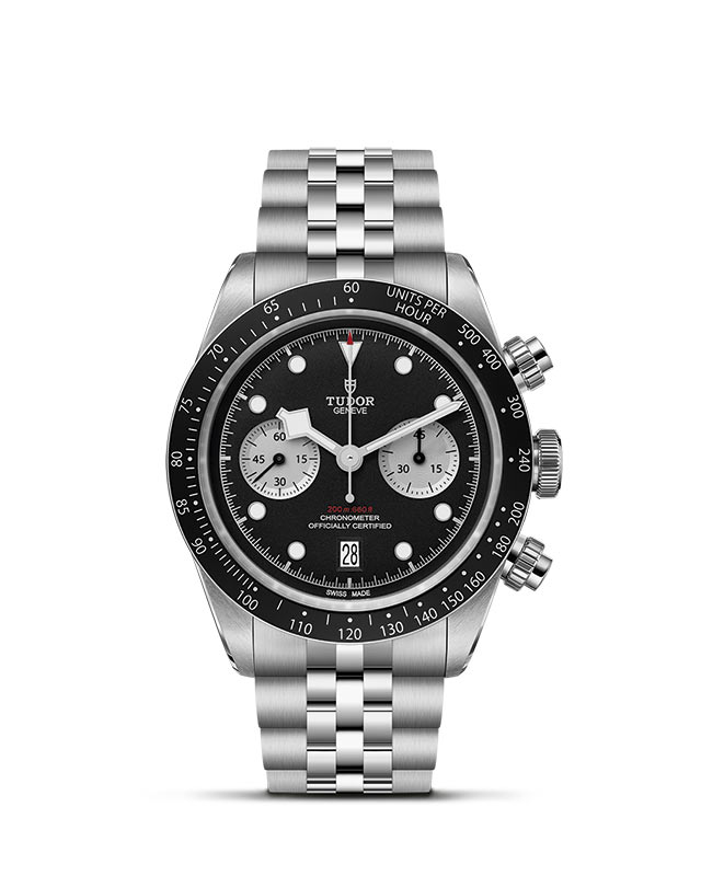 TUDOR BLACK BAY CHRONO presented upright against a white grid, focusing on its refined aesthetics.