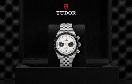 TUDOR BLACK BAY CHRONO nestled in its presentation box, symbolizing the watch's premium status.