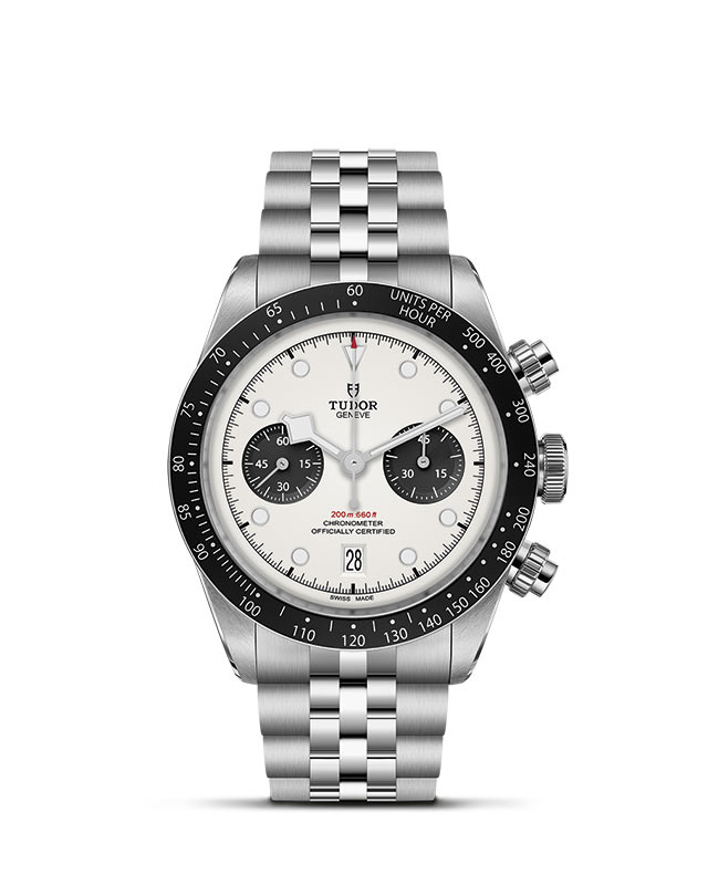 TUDOR BLACK BAY CHRONO presented upright against a white grid, focusing on its refined aesthetics.
