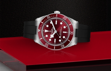 TUDOR BLACK BAY 58 laid down showcasing the burgundy, domed, with applied hour markers dial and overall elegance.